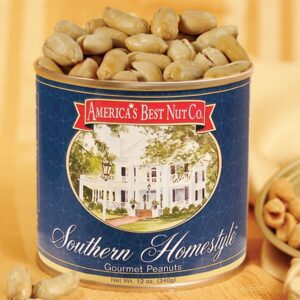 Blue can of Southern homestyle gourmet peanuts from America’s Best Nut Co.