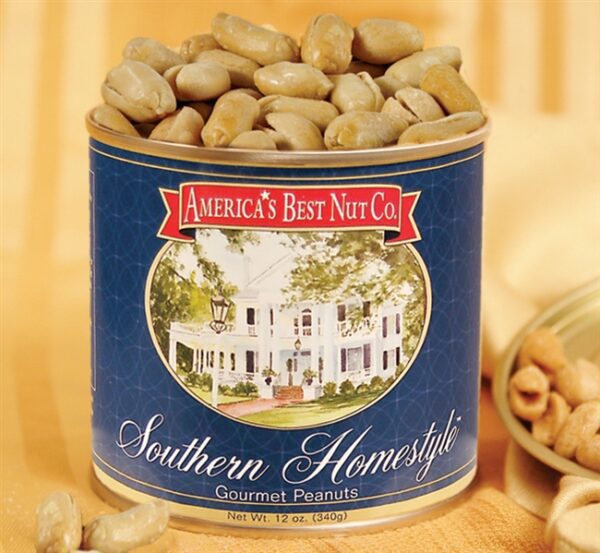 Blue can of Southern homestyle gourmet peanuts from America’s Best Nut Co.